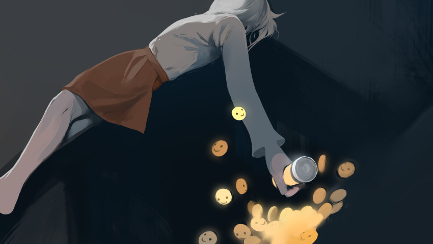 1girl angela_he bob_cut bottle brown_skirt feet_out_of_frame glowing highres holding holding_bottle long_sleeves lying non-web_source official_art on_side pill_bottle shirt short_hair skirt smiley_face solo white_hair white_shirt you_left_me