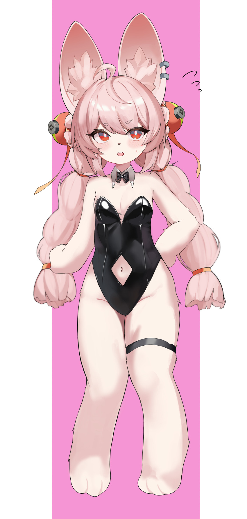 1girl absurdres animal_ear_fluff animal_ear_piercing animal_ears animal_feet animal_hands barefoot black_bow black_bowtie black_leotard bow bowtie breasts bright_pupils clothing_cutout detached_collar diamond_cutout flying_sweatdrops full_body furry furry_female hair_ornament highleg highleg_leotard highres leotard loli long_hair looking_at_viewer nami_ne0227 navel navel_cutout open_mouth pink_background pink_hair playboy_bunny rabbit_ears rabbit_girl red_eyes simple_background small_breasts solo sphere_hair_ornament standing strapless strapless_leotard thigh_strap white_pupils zenless_zone_zero zhao_(zenless_zone_zero)