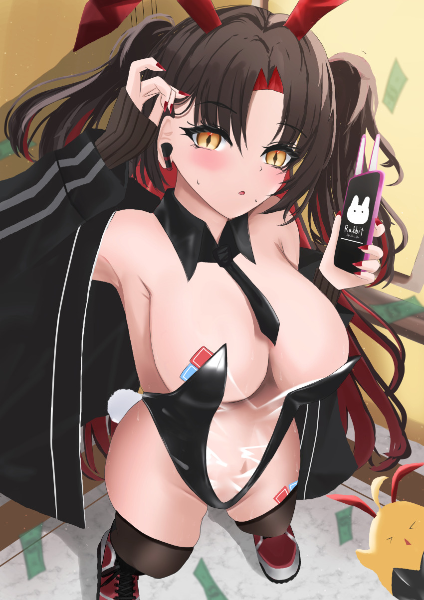 1girl :o absurdres adjusting_hair animal_ears azur_lane backless_leotard bare_shoulders black_jacket black_necktie blush boots breasts brown_hair clothes_pull commentary_request detached_collar from_above full_body hands_up highres holding holding_phone indoors jacket jacket_pull large_breasts leotard long_hair looking_at_viewer looking_up multicolored_hair navel necktie off_shoulder open_clothes open_jacket phone playboy_bunny rabbit_ears rabbit_tail red_hair red_nails rei_tuki see-through_clothes see-through_leotard see-through_midriff short_necktie slit_pupils solo standing strapless strapless_leotard surprised tail thighhighs two-tone_hair very_long_hair z52_(azur_lane) z52_(the_rapid_rabbit)_(azur_lane)