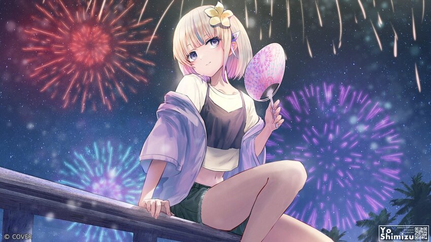 1girl aerial_fireworks alternate_costume black_camisole black_shorts blonde_hair blunt_bangs camisole camisole_over_clothes closed_mouth commentary_request copyright_name cropped_shirt denim denim_shorts fireworks flower frayed_shorts hair_flower hair_ornament hand_fan holding holding_fan hololive hololive_dev_is jacket light_smile looking_at_viewer midriff multicolored_hair navel night off_shoulder official_art outdoors purple_eyes purple_hair purple_jacket qr_code shirt short-sleeved_jacket short_hair short_shorts short_sleeves shorts sitting solo streaked_hair todoroki_hajime virtual_youtuber white_shirt you_shimizu
