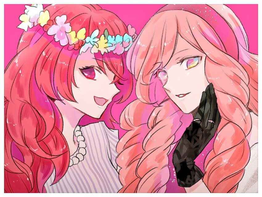 1boy 1girl :d black_gloves blue_eyes border drill_hair flower_wreath gloves hairband hand_on_own_cheek hand_on_own_face head_wreath highres jewelry long_hair multicolored_eyes multiple_rings necklace open_mouth parted_lips pearl_necklace pelee pink_background pink_eyes pink_hair pink_hairband portrait profile purple_shirt red_eyes red_hair ring shibuya_tomochika shirt sideways_glance simple_background smile striped_clothes striped_shirt swept_bangs trap tsukimiya_ringo uta_no_prince-sama white_border white_shirt