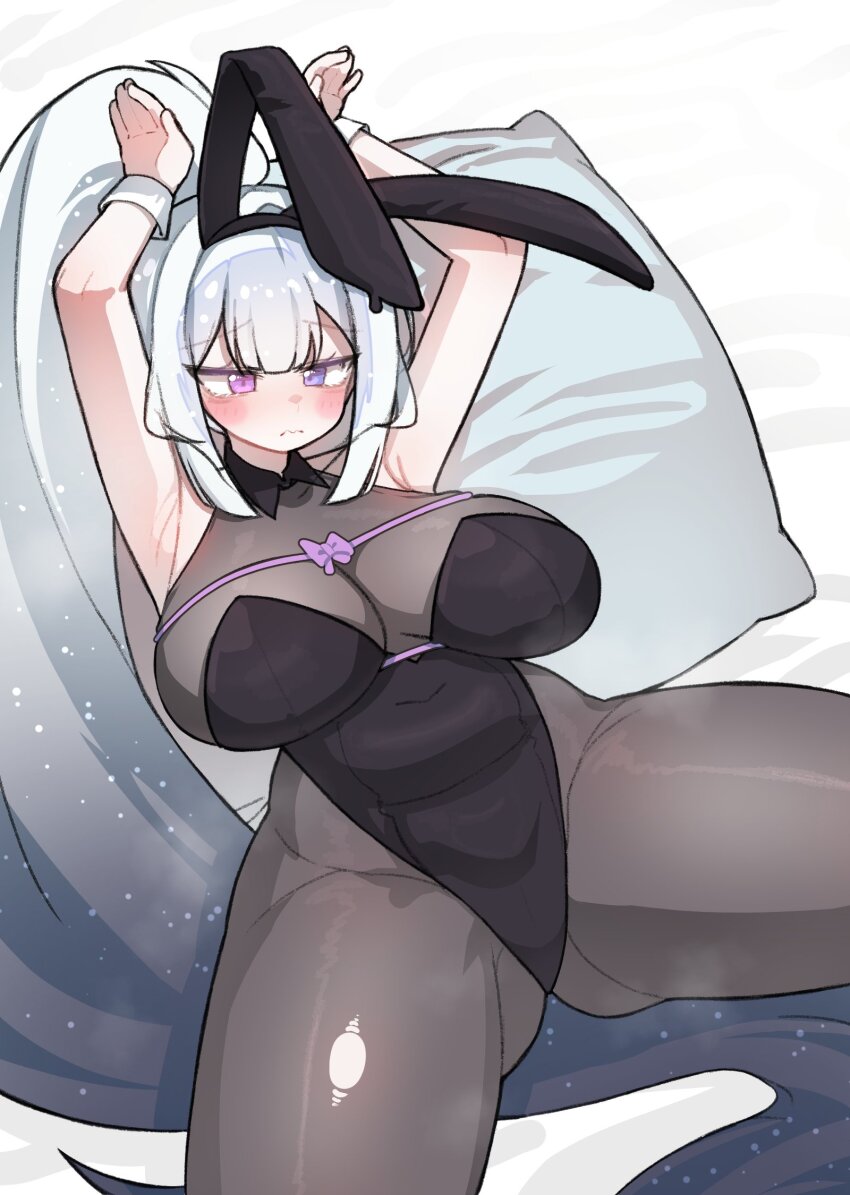 1girl animal_ears bed big_hair black_bodysuit black_collar black_leotard black_pantyhose blunt_ends blunt_sidelocks bodysuit bow breasts collar covered_navel fake_animal_ears from_above grey_hair high_ponytail highres huge_breasts kim_aendeo leotard long_hair loose_hair_strand lying on_back on_bed original pantyhose pillow pink_bow playboy_bunny plump ponytail rabbit_ears rabbit_pose sidelocks solo thick_thighs thighs torn_clothes torn_pantyhose very_long_hair white_wrist_cuffs wide_hips wrist_cuffs