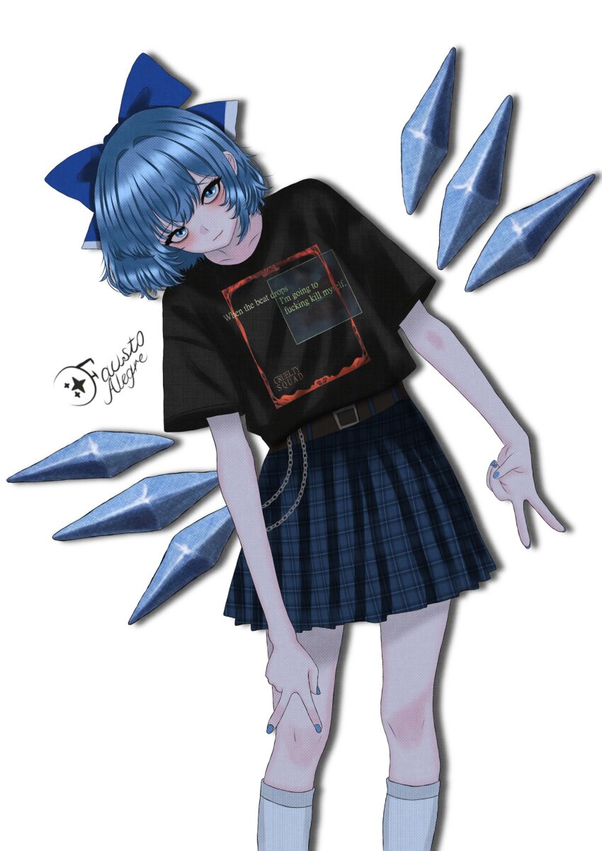 1girl belt wallet_chain black_belt black_shirt blue_bow blue_eyes blue_hair blue_nails blue_skirt bow cirno closed_mouth cruelty_squad detached_wings double_v glitched_satellite gyaru_v highres ice ice_wings inward_v leaning_to_the_side light_smile looking_at_viewer nail_polish pleated_skirt shirt shirt_tucked_in short_hair short_sleeves simple_background skirt socks solo t-shirt touhou v white_background white_socks wings