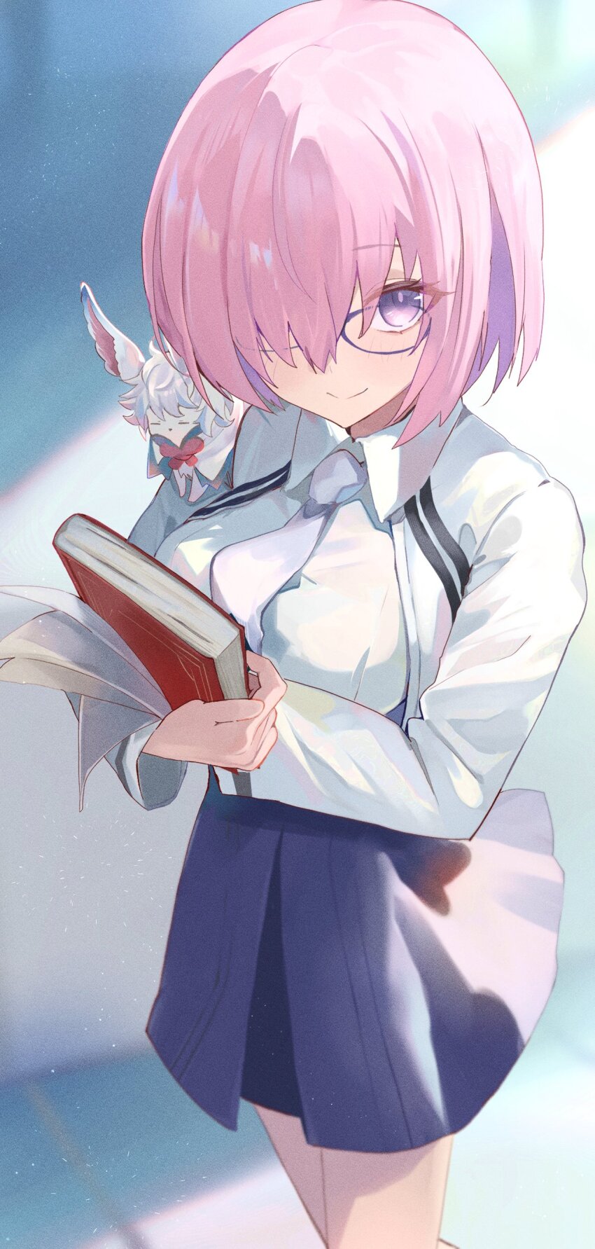 1girl absurdres black_skirt blurry blurry_background blush book breasts closed_mouth collared_shirt commentary cowboy_shot cropped_jacket dress_shirt fate/grand_order fate_(series) fou_(fate) glasses hair_over_one_eye high-waist_skirt highres holding holding_book hugging_book hugging_object inubangarou jacket large_breasts long_sleeves looking_at_viewer mash_kyrielight mash_kyrielight_(chaldea_uniform) necktie official_alternate_costume pink_hair purple-framed_eyewear purple_eyes shirt short_hair sidelocks skirt smile solo walking white_jacket white_necktie white_shirt