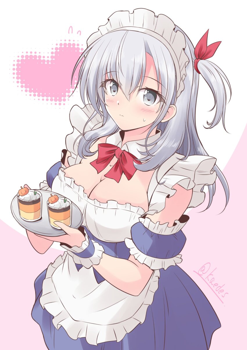 1girl alternate_costume apron armband black_dress breasts commentary_request dessert dress enmaided food frilled_apron frills grey_eyes grey_hair highres kantai_collection large_breasts long_hair maid maid_headdress one-hour_drawing_challenge one_side_up shizuna_kaede solo suzutsuki_(kancolle) white_apron
