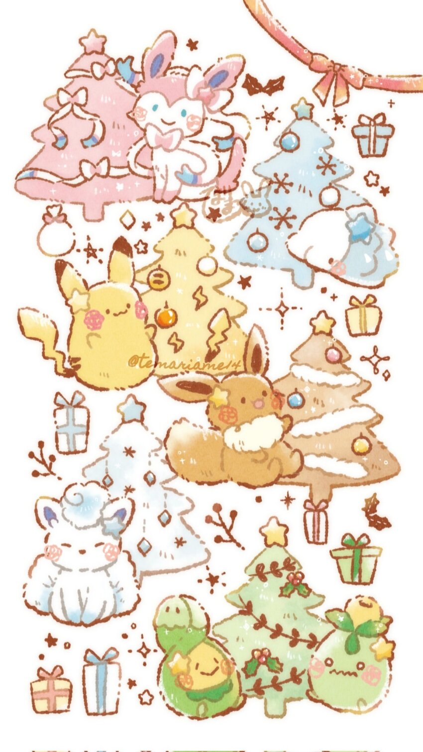 :3 :d ^_^ alolan_form alolan_vulpix artist_name blue_eyes blush bow box budew christmas christmas_ornaments christmas_tree closed_eyes closed_mouth commentary_request eevee gen_1_pokemon gen_4_pokemon gen_6_pokemon gen_7_pokemon gen_8_pokemon gift gift_box highres holly looking_at_viewer nintendo no_humans o_o open_mouth pikachu pokemon pokemon_(creature) red_bow red_ribbon ribbon sack simple_background smile smoliv snom snowflakes solid_oval_eyes sparkle star_(symbol) sylveon temariame14 twitter_username wavy_mouth white_background