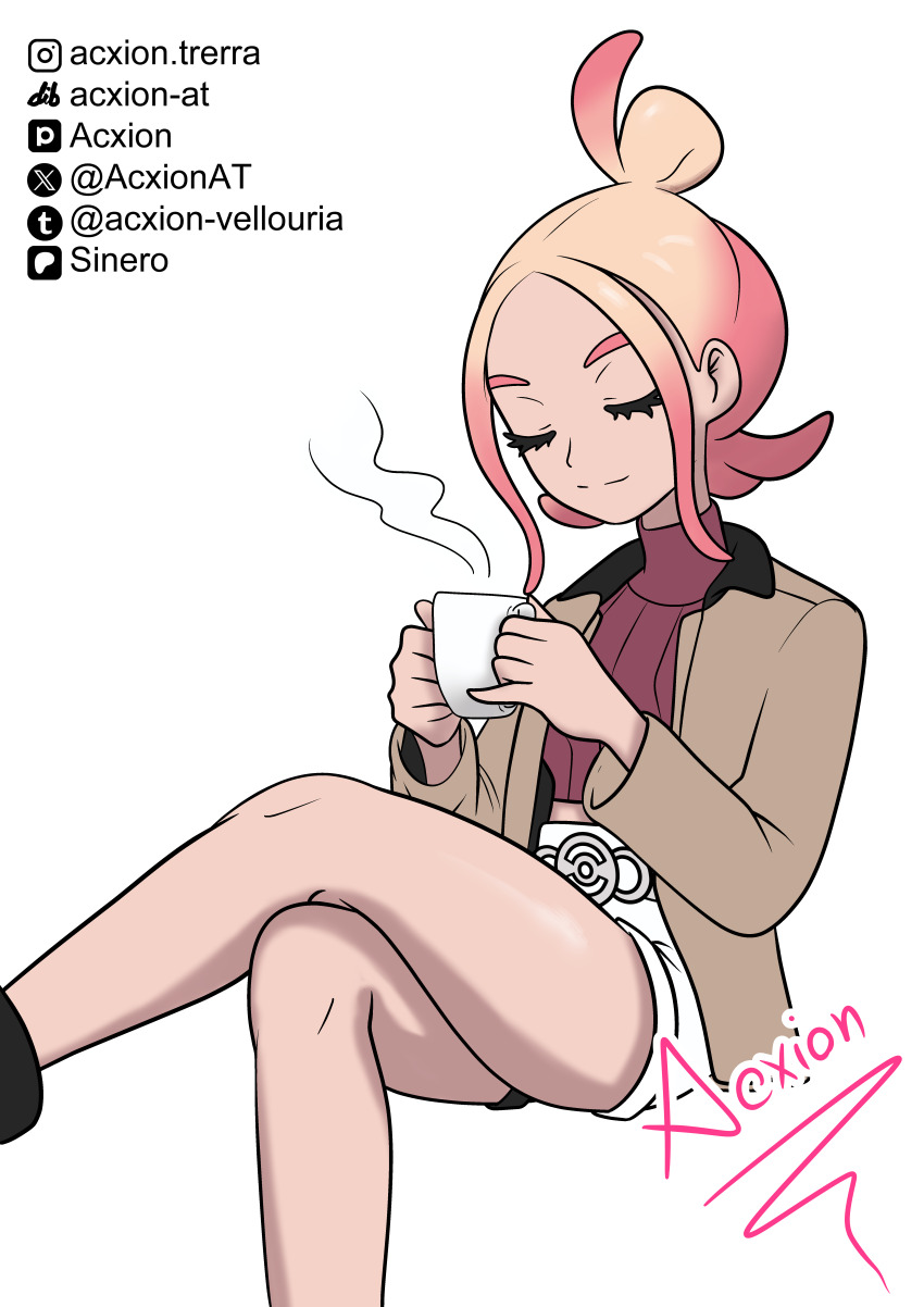 1girl absurdres acxion-vellouria blonde_hair brown_jacket closed_eyes closed_mouth commentary crossed_legs cup eyelashes hair_bun highres holding holding_cup instagram_logo invisible_chair jacket knees long_sleeves nintendo open_clothes open_jacket pokemon pokemon_legends:_z-a red_shirt ribbed_shirt shirt short_shorts shorts signature sitting smile solo split_mouth steam taunie_(pokemon) twitter_x_logo watermark white_shorts