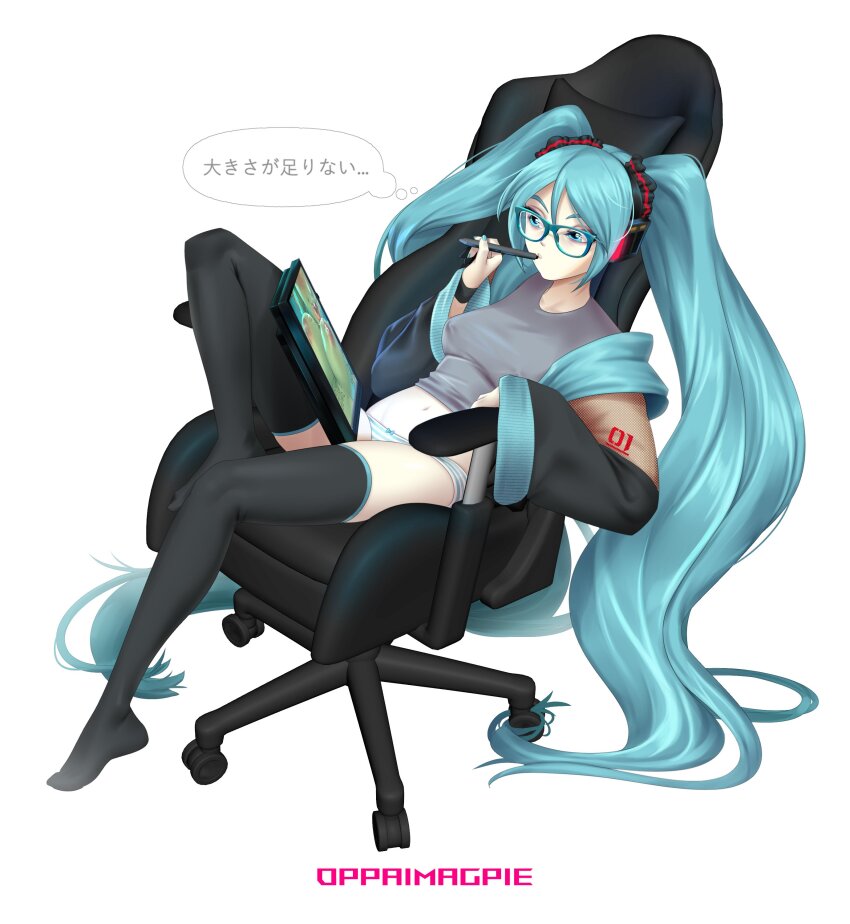 1girl absurdres bespectacled black_thighhighs blue-framed_eyewear blue_eyes blue_hair blue_panties breasts chair closed_mouth commentary covered_erect_nipples crop_top drawing_tablet english_commentary entangled full_body gaming_chair glasses grey_shirt hatsune_miku headphones highres holding holding_pen long_hair navel no_pants no_shoes oppai_magpie panties pen pornography shirt simple_background sitting small_breasts solo striped_clothes striped_panties swivel_chair thighhighs twintails underwear very_long_hair vocaloid white_background white_panties