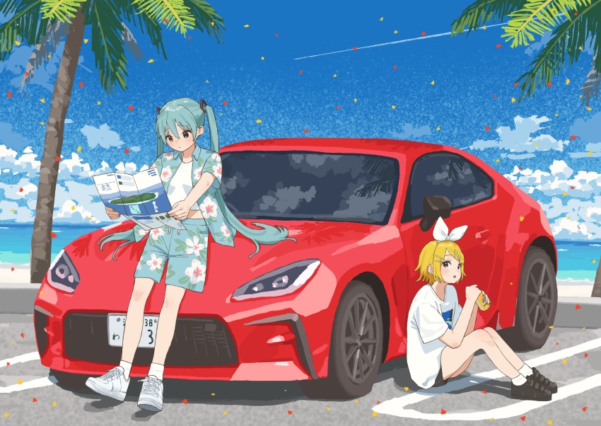 2girls absurdres blonde_hair blue_eyes blue_hair bow can car cloud contrail day drink_can hair_bow hatsune_miku hawaiian_shirt highres holding holding_map kagamine_rin long_hair map mashiro_ka motor_vehicle multiple_girls ocean open_clothes open_shirt outdoors palm_tree shirt shoes short_hair short_shorts shorts sitting sky sneakers summer toyota toyota_gr86 tree twintails vocaloid