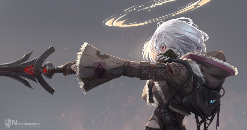 1girl absurdres arm_strap bleeding blood blood_drip blood_on_face chinese_commentary clothing_cutout coat command_&amp;_conquer command_&amp;_conquer:_red_alert command_&amp;_conquer:_red_alert_2 commentary cropped_jacket english_commentary fingerless_gloves fur-trimmed_coat fur_trim gloves glowing glowing_eyes halo hand_up highres hip_vent holding holding_mask holding_sword holding_weapon hood hood_down jacket long_sleeves lu_(pixiv20967832) mask mixed-language_commentary open_clothes open_jacket original pointing_melee_weapon pointing_sword red_eyes respirator science_fiction short_hair solo sword torn_clothes torn_sleeves weapon white_hair