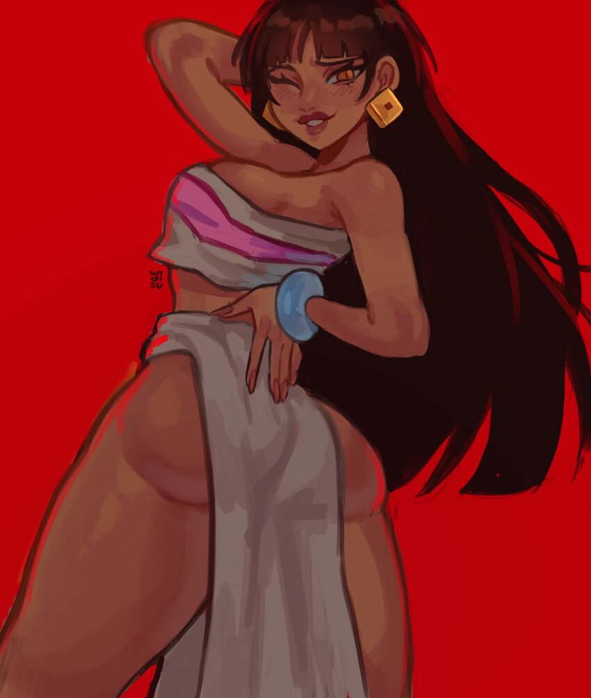 1girl absurdres arm_behind_head ass black_hair bracelet breasts brown_eyes chel_(el_dorado) commentary cowboy_shot dark-skinned_female dark_skin earrings grey_tube_top highres jewelry large_breasts lips loincloth long_hair looking_at_viewer parted_bangs parted_lips pelvic_curtain red_background simple_background smile solo strapless the_road_to_el_dorado tube_top widisu