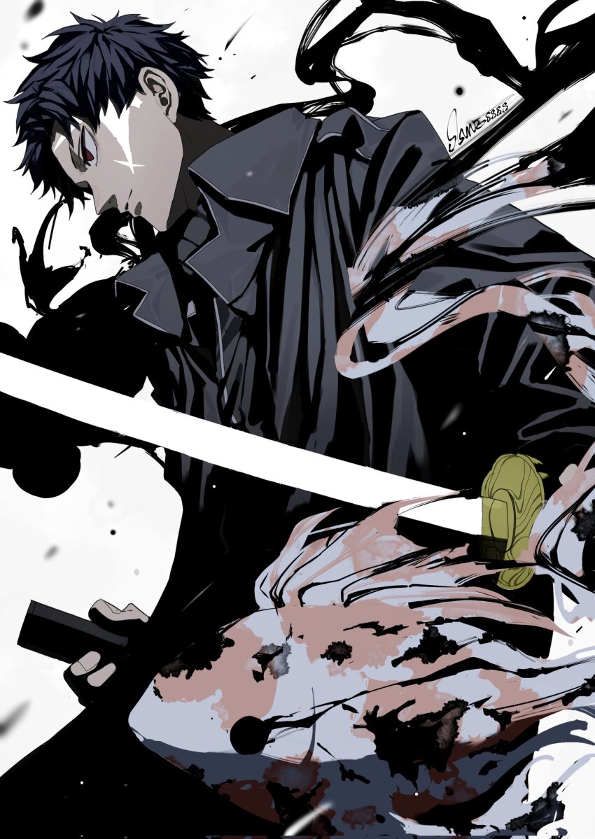 1boy black_coat black_hair coat commentary_request enten_(sword) fish flying_fish goldfish highres holding holding_sword holding_weapon jacket kagurabachi katana long_sleeves male_focus red_eyes rokuhira_chihiro scar scar_on_face shirt short_hair sisuruto8888 solo sword weapon