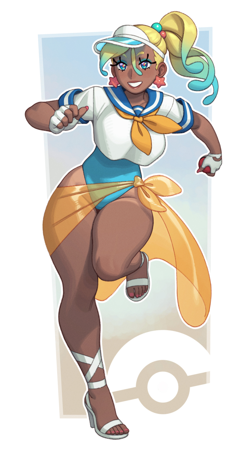 1girl absurdres blonde_hair blue_eyes blue_eyeshadow blue_hair blue_one-piece_swimsuit blue_sailor_collar breasts colored_tips crop_top dark-skinned_female dark_skin earrings eyeshadow fingerless_gloves fingernails full_body gloves gradient_hair grin gyaru hair_bobbles hair_ornament hands_up high_heels highleg highleg_one-piece_swimsuit highres holding holding_poke_ball jewelry large_breasts long_eyelashes long_fingernails looking_at_viewer makeup multicolored_hair nail_polish neckerchief nintendo one-piece_swimsuit open-toe_shoes orange_neckerchief orange_sarong original poke_ball poke_ball_(basic) pokemon red_nails red_pupils riz sailor_collar sarong see-through_clothes see-through_sarong short_sleeves smile solo standing standing_on_one_leg star_(symbol) star_earrings starfish_earrings swimsuit tan tanline toenail_polish toenails two-tone_hair visor_cap walking white_gloves