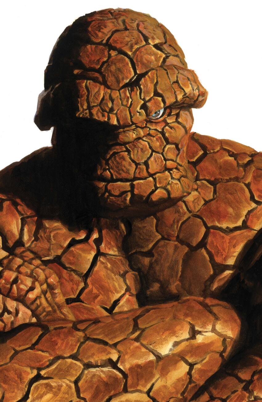 1boy absurdres alex_ross bald ben_grimm blue_eyes comic_cover cover cover_page crossed_arms fantastic_four highres looking_at_viewer male_focus marvel official_art one_eye_in_shadow realistic rock_skin solo topless_male upper_body western_comics_(style) white_background