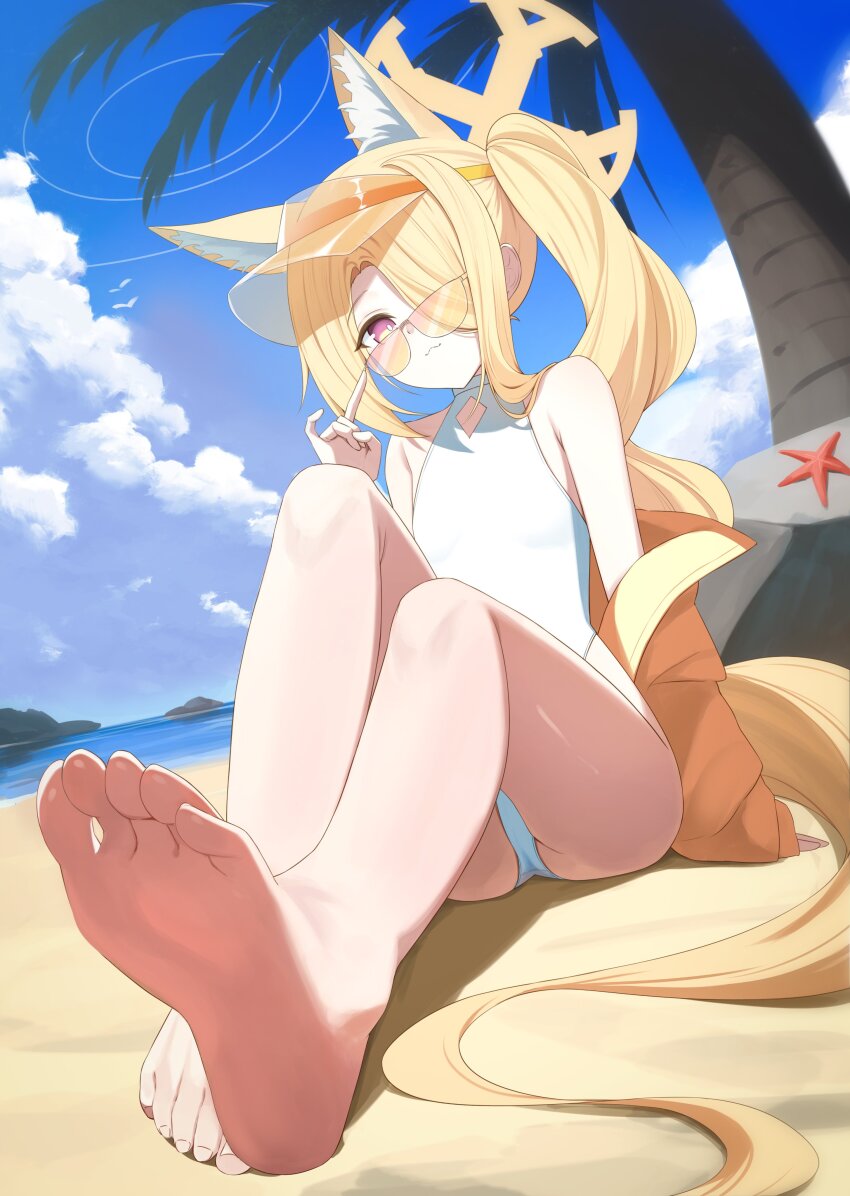 1girl :3 absurdres animal_ear_fluff animal_ears arm_at_side arm_support barefoot beach blonde_hair blue_archive blue_sky closed_mouth cloud crotch_seam curtained_hair day feet flat_chest foot_focus full_body hair_over_one_eye halo hand_up highres loli long_bangs long_hair looking_at_viewer multicolored_eyes ocean on_ground one-piece_swimsuit one_eye_covered outdoors palm_tree panties ring_of_light_(blue_archive) sand seia_(blue_archive) seia_(swimsuit)_(blue_archive) side_ponytail sitting sky soles solo swimsuit tail tinted_eyewear toes tree two-tone_eyes underwear very_long_hair visor_cap white_one-piece_swimsuit white_panties yellow-tinted_eyewear yellow_halo yt9676