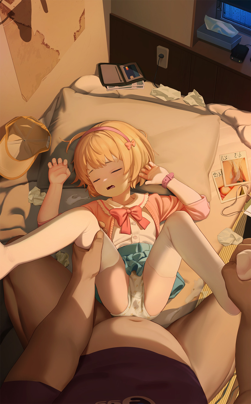 1boy 1girl age_difference akifn bed blonde_hair blue_skirt bow bowtie closed_eyes cum cum_on_clothes hair_bow hairband hetero highres idolmaster idolmaster_cinderella_girls idolmaster_cinderella_girls_u149 indoors koga_koharu loli lying on_back on_bed open_mouth panties pillow pink_bow pink_bowtie pink_hairband red_bow sex shirt short_hair skirt sleep_molestation sleeping spread_legs thighhighs tissue_box underwear used_tissue watch white_panties white_thighhighs wristwatch