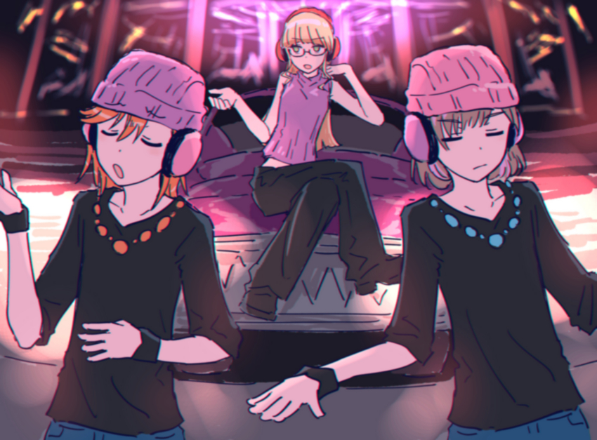 3girls beanie black_pants black_shirt blonde_hair car clothes_lift collarbone commentary grey_hair hat headphones heanna_sumire highres jewelry love_live! love_live!_superstar!! midriff motor_vehicle multicolored_hair multiple_girls necklace on_car orange_hair pants pink_hat purple_hat purple_streaks purple_sweater shibuya_kanon shirt sitting sleeveless sleeveless_sweater streaked_hair sweater tang_keke three-quarter_sleeves yukitake_(bullfalk)