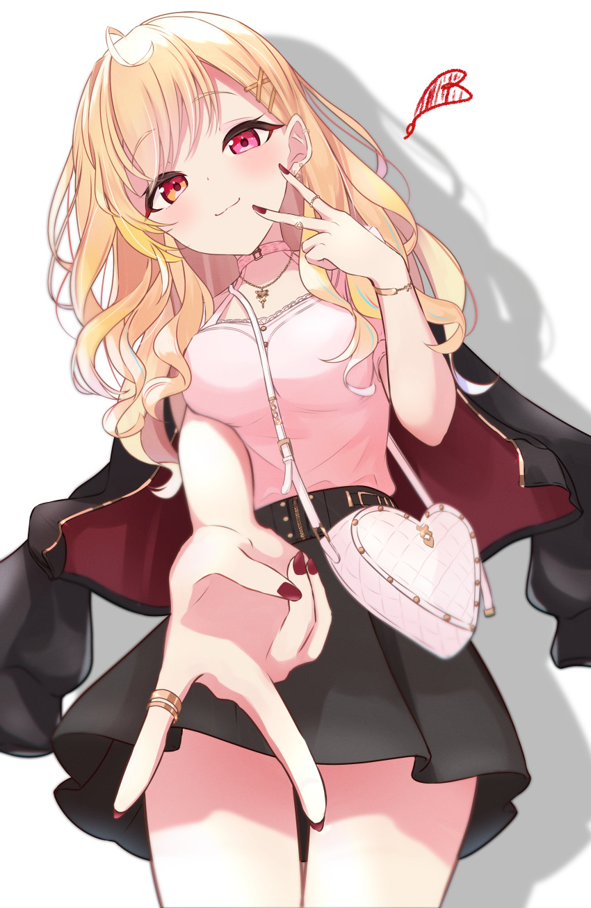 1girl absurdres bag belt black_belt black_jacket black_skirt blonde_hair bracelet breasts collar commentary_request double_v foreshortening gradient_hair gyaru_v hair_ornament handbag heart heart-shaped_bag heterochromia highres hoshikawa_sara hoshikawa_sara_(8th_costume) jacket jacket_on_shoulders jewelry jirai_kei lace lace-trimmed_shirt lace_trim light_smile long_hair looking_at_viewer medium_breasts miniskirt multicolored_hair nail_polish necklace nijisanji nishiki_yuno pink_collar pink_shirt pleated_skirt red_eyes red_nails ring shirt short_sleeves skirt solo streaked_hair v virtual_youtuber white_background x_hair_ornament yellow_eyes zipper