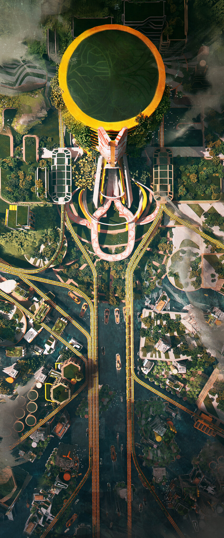 absurdres boat building city commentary day english_commentary felixriano from_above highres lake no_humans original outdoors plant railroad_tracks scenery science_fiction solarpunk tower train watercraft