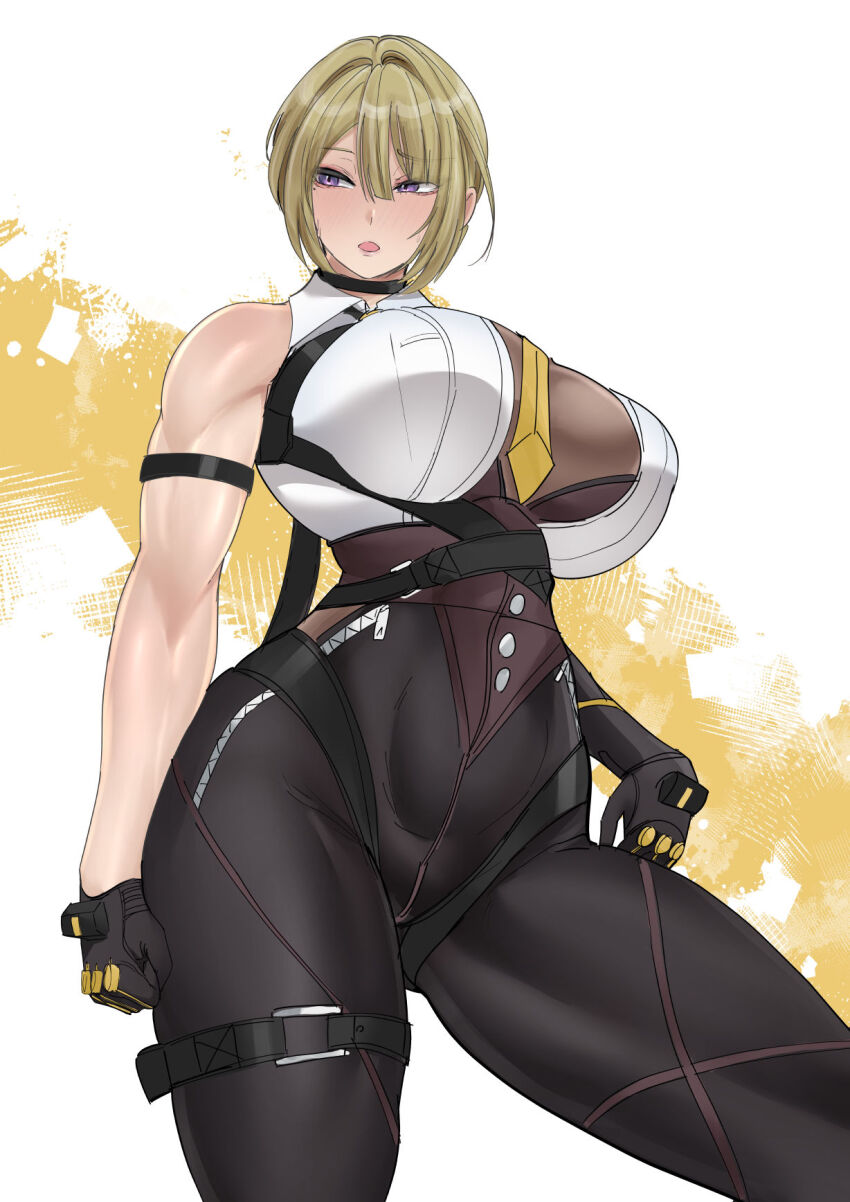 1girl ass asymmetrical_gloves bare_shoulders black_choker black_gloves blonde_hair blush breasts choker collar commentary_request evelyn_chevalier gloves highres huge_ass huge_breasts koucha_indian legband looking_to_the_side muscular muscular_female necktie open_mouth purple_eyes simple_background sleeveless solo strap yellow_necktie zenless_zone_zero