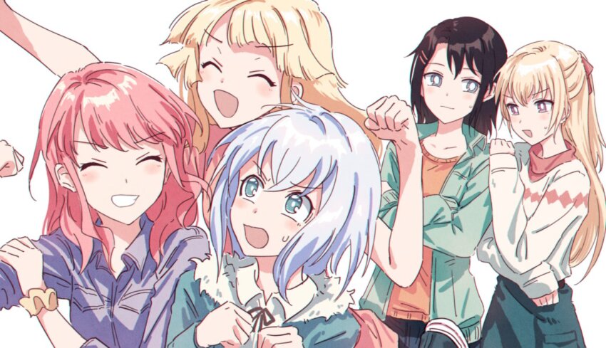 1990s_(style) 5girls :d :o ^_^ bang_dream! bang_dream!_girls_band_party! bishoujo_senshi_sailor_moon black_hair blonde_hair blue_eyes blush bright_pupils clenched_hand closed_eyes closed_mouth commentary_request crossed_arms flexing fur_collar green_jacket hair_ornament hair_ribbon hairclip half_updo hand_on_another's_shoulder jacket jumping kurata_mashiro long_sleeves looking_at_another maruyama_aya medium_hair multiple_girls neck_ribbon okusawa_misaki open_mouth orange_shirt parody pink_hair purple_eyes purple_shirt red_ribbon retro_artstyle revision ribbon scrunchie shirasagi_chisato shirt short_hair sidelocks simple_background sleeves_pushed_up smile standing style_parody sweatdrop sweater tsurumaki_kokoro upper_body white_background white_hair white_pupils white_sweater wing_collar wrist_scrunchie yukitake_(bullfalk)