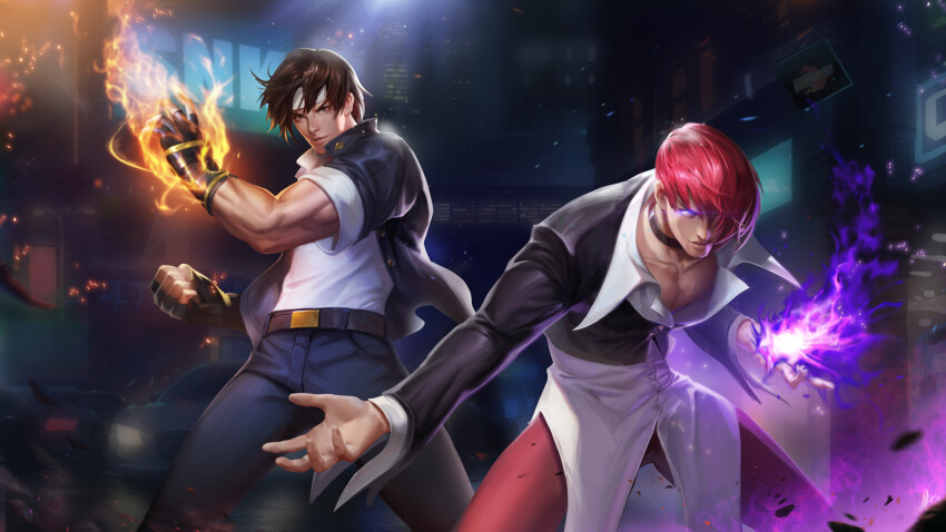 2boys fire gloves iori_yagami jiahong_pan jiahongpan kusanagi_kyou kyo_kusanagi male_focus male_hand multiple_boys pyrokinesis the_king_of_fighters yagami_iori
