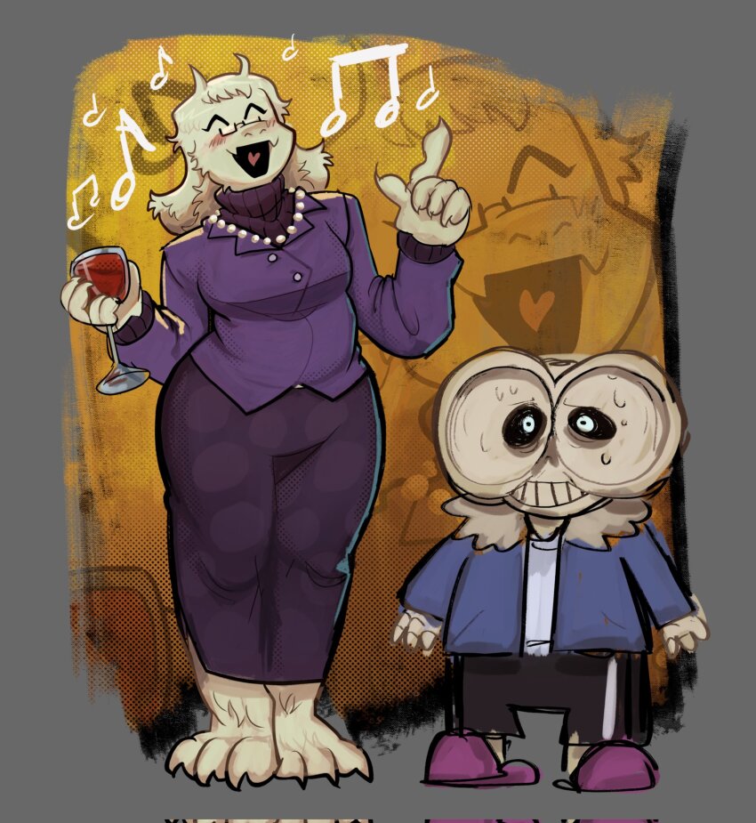 1boy 1girl ^_^ after_facesitting alternate_costume ben-day_dots closed_eyes corrupted_twitter_file cup deltarune drinking_glass drunk furry furry_female goat_girl heart heart_in_mouth height_difference highres index_finger_raised jewelry meme musical_note necklace open_mouth pearl_necklace sans_(undertale) screentones skeleton smile spine_apples squished_squidward_face_(meme) sweat toriel undertale utdr_(toby_fox) wine_glass