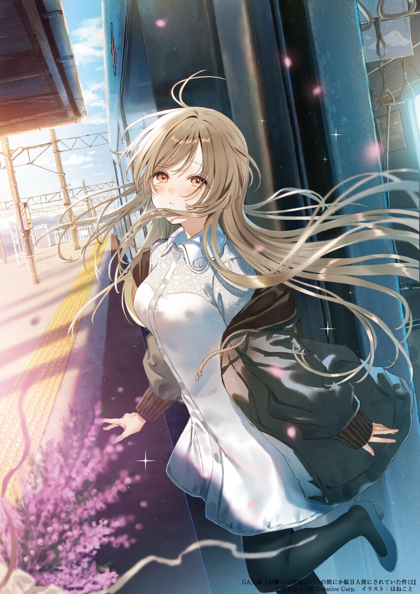 1girl absurdres black_jacket black_pantyhose blue_sky brown_eyes brown_hair cloud commentary_request cover cover_image dress floating_hair hanekoto high_heels highres jacket long_sleeves novel_illustration off_shoulder official_art open_clothes open_jacket otonari_no_tenshi-sama_ni_itsu_no_mani_ka_dame_ningen_ni_sarete_ita_ken outdoors pantyhose parted_lips second-party_source shiina_mahiru_(otonari_no_tenshi-sama) shoes sky solo standing standing_on_one_leg white_dress