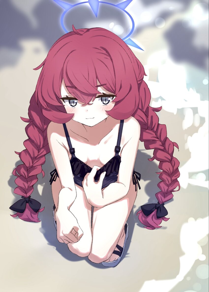 1girl alternate_costume alternate_hairstyle beach black_bow black_one-piece_swimsuit black_sandals blue_archive blush bow braid closed_mouth clothes_pull collarbone commentary_request grey_eyes hair_between_eyes hair_bow halo highres iroha_(blue_archive) long_hair looking_at_viewer natsuki_(gedo) one-piece_swimsuit one-piece_swimsuit_pull purple_halo red_hair sandals smile solo squatting swimsuit twin_braids