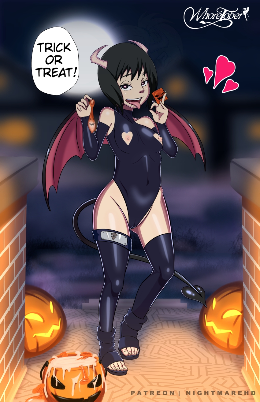 1girl aged_down bare_hips black_eyes black_hair black_leotard black_shoes black_sleeves black_thighhighs blurry blurry_background breasts condom cum cum_in_container demon_girl demon_horns demon_tail demon_wings detached_sleeves fellatio_gesture female_focus full_body half-closed_eyes hands_up horns implied_hetero leotard loli looking_at_viewer matching_hair/eyes moon naruto_(series) naughty_face night nightmare_hdraw nipple_cutout nipples open-toe_shoes open_mouth shizune_(naruto) shoes short_hair small_breasts smile solo tail teeth thighhighs toes tongue tongue_out upper_teeth_only used_condom variant_set wings