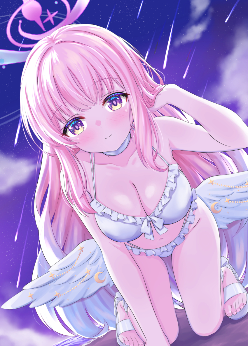 1girl angel_wings bikini blue_archive blush breasts cleavage collarbone commentary_request feathered_wings frilled_bikini frills halo highres large_breasts leaning_forward long_hair looking_at_viewer low_wings mika_(blue_archive) mika_(swimsuit)_(blue_archive) navi-loxia night official_alternate_costume official_alternate_hairstyle open_mouth outdoors pink_hair pink_halo shooting_star smile solo swimsuit very_long_hair white_bikini white_wings wing_ornament wings yellow_eyes