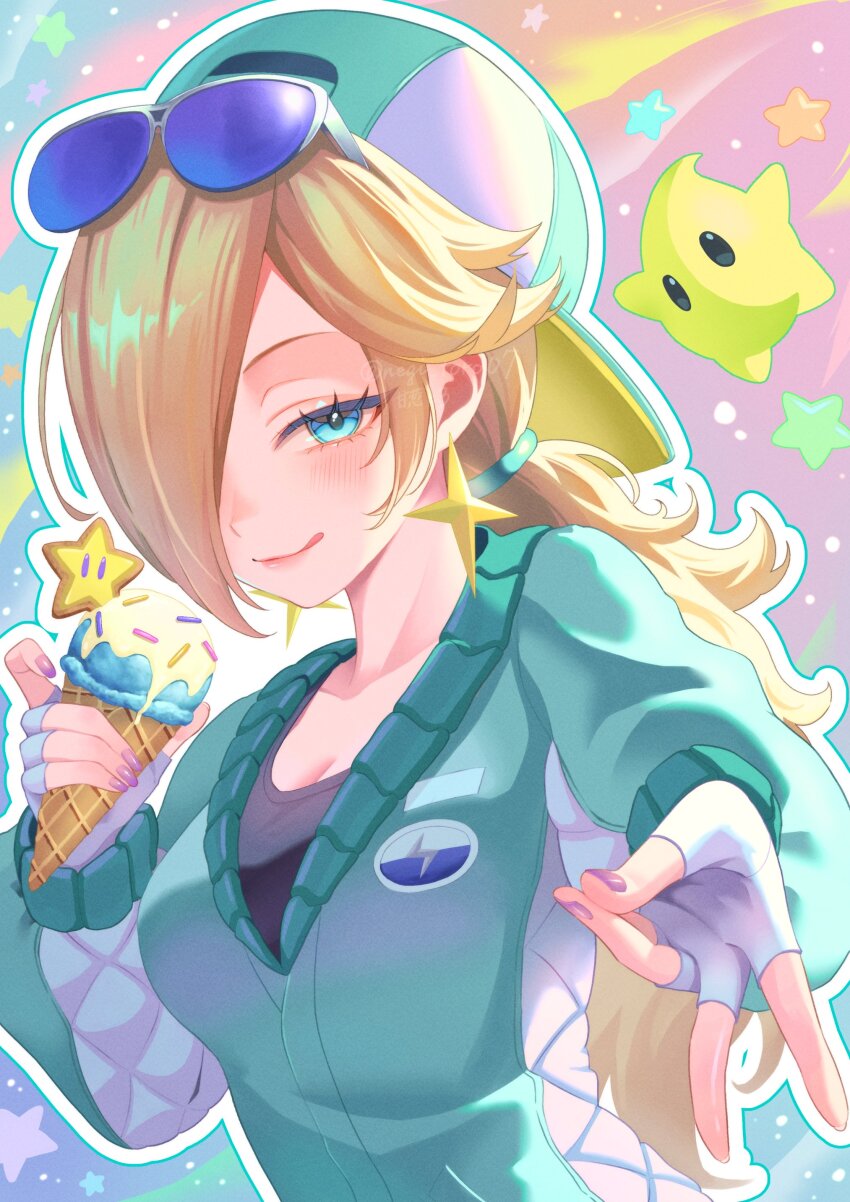 1girl absurdres alternate_costume amanegi_toro backwards_hat baseball_cap blonde_hair blue-framed_eyewear blue_eyes blue_jacket breasts cleavage commentary_request earrings eyewear_on_head fingerless_gloves gloves hair_over_one_eye hat highres ice_cream_cone jacket jewelry long_hair luma_(mario) mario_(series) medium_breasts nintendo ponytail rosalina solo_focus star_(symbol) star_earrings sunglasses super_mario_galaxy upper_body v white_gloves