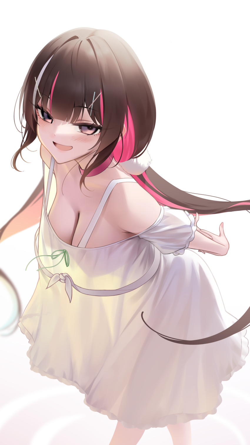1girl absurdres arms_behind_back azki_(hololive) bare_shoulders blunt_bangs blush breasts brown_hair choker cleavage colored_inner_hair commentary_request dress hair_ornament hairclip hanging_breasts highres hololive large_breasts leaning_forward long_hair looking_at_viewer low_twintails multicolored_hair open_mouth pink_choker pink_hair pink_streaks purple_eyes see-through_clothes see-through_dress smile solo somebody_(leiking00) standing streaked_hair twintails very_long_hair virtual_youtuber white_dress white_hair white_streaks x_hair_ornament