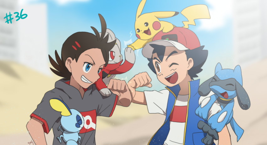 2boys antenna_hair ash_ketchum baseball_cap blue_eyes blue_vest brown_eyes clenched_hands dark-skinned_male dark_skin day dessert food gen_1_pokemon gen_4_pokemon gen_8_pokemon goh_(pokemon) grey_shirt grin hat high_five multiple_boys nintendo on_head on_shoulder one_eye_closed open_clothes open_mouth open_vest outdoors pikachu pokemon pokemon_(anime) pokemon_(creature) pokemon_journeys pokemon_on_head pokemon_on_shoulder raboot red_headwear riolu shirt short_hair short_sleeves smile sobble spiked_hair vest white_shirt yas9_9