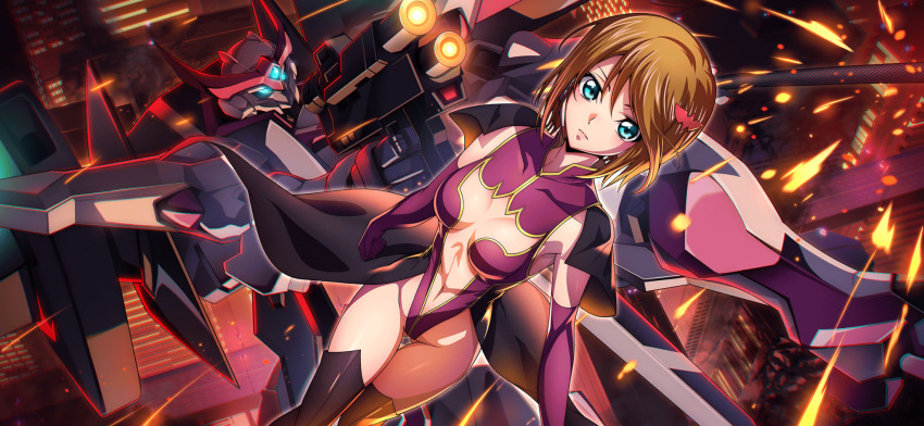 1girl boots breasts brown_hair code_geass code_geass:_lost_stories elbow_gloves f4samurai gloves green_eyes groin highleg highleg_leotard highres knightmare_frame leotard looking_at_viewer marika_soresi mecha navel official_art robot short_hair solo stomach thigh_boots thighhighs thighs valkyrie