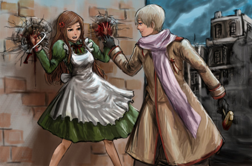 1boy 1girl axis_powers_hetalia bleeding blonde_hair blood brown_hair crying day dress flower gloves hammer hook hungary_(hetalia) injury long_hair military_uniform outdoors ribbon russia_(hetalia) scarf silver_hair smile tears town wall war