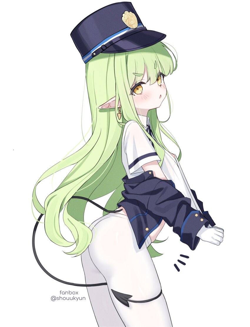 1girl absurdres ass between_legs black_jacket blue_archive blue_hat blush breasts clothes_pull collared_shirt cowboy_shot demon_tail earrings from_side gloves green_hair hashtag-only_commentary hat highres hikari_(blue_archive) jacket jewelry long_hair long_sleeves looking_at_viewer no_bra no_pants notice_lines off_shoulder open_clothes open_jacket pantyhose parted_lips pointy_ears shirt short_sleeves shouu-kun simple_background small_breasts solo tail tail_between_legs twitter_username very_long_hair white_background white_gloves white_pantyhose white_shirt yellow_eyes