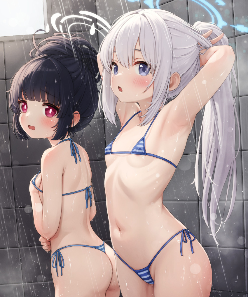 2girls absurdres alternate_costume areola_slip armpits arms_up ass bikini black_hair blue_archive blue_bikini blue_eyes blue_halo blush breasts commentary comodox cowboy_shot english_commentary hair_bun halo halterneck highres indoors loli long_hair looking_at_viewer micro_bikini miyako_(blue_archive) miyu_(blue_archive) multiple_girls navel open_mouth ponytail red_eyes shower_(place) showering side-tie_bikini_bottom small_breasts string_bikini striped_bikini striped_clothes swimsuit tile_wall tiles variant_set white_halo