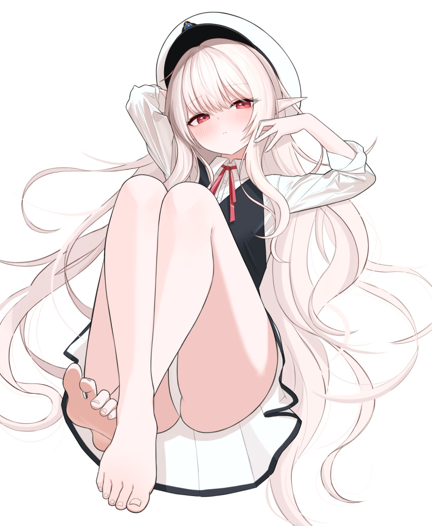 1girl barefoot bebetang blonde_hair blush feet hat highres long_hair looking_at_viewer lying on_back panties pantyshot pointy_ears red_eyes soles toes underwear