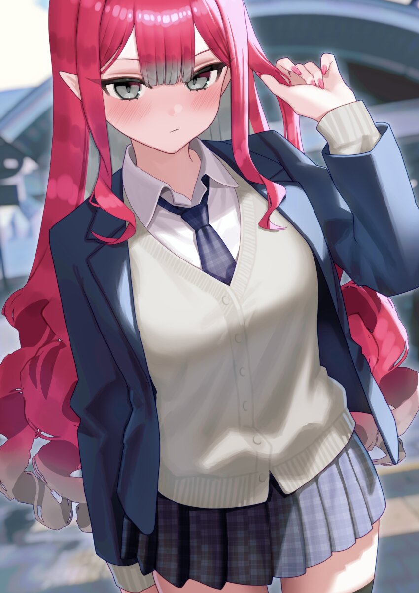 1girl absurdres baobhan_sith_(fate) black_necktie black_skirt blazer blush breasts commentary_request fate/grand_order fate_(series) grey_eyes hand_up highres jacket katashiro long_hair necktie pink_hair pointy_ears school_uniform sidelocks skirt solo