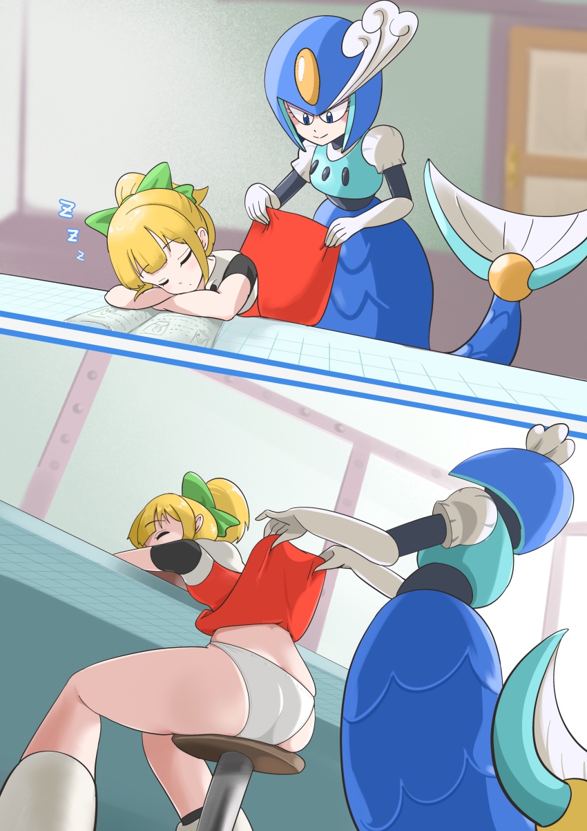 2girls absurdres ass assisted_exposure blonde_hair blue_eyes blue_helmet bow capcom clothes_lift dress dress_lift green_bow helmet highres lifting_another's_clothes looking_at_panties mega_man_(classic) mega_man_(series) mermaid microsd_(pibo) monster_girl multiple_girls panties red_dress robot robot_girl roll_(mega_man) skirt skirt_as_blanket_(meme) skirt_lift sleeping sleeping_on_desk splash_woman tail underwear white_panties
