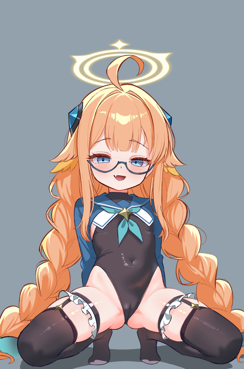 1girl :d absurdres aged_down ahoge alternate_breast_size_(smaller) aqua_background aqua_neckerchief black_leotard blue-framed_eyewear blue_archive blue_eyes blue_sailor_collar blue_shrug blush braid braided_twintails cameltoe covered_navel covered_pussy cunvaroy fang feather_hair feathers flat_chest frilled_thigh_strap full_body gluteal_fold green_neckerchief hair_between_eyes hair_ornament half-closed_eyes halo halter_leotard halterneck heattech_leotard highleg highleg_leotard highres leotard loli long_braid long_hair long_sleeves looking_at_viewer low_twin_braids neckerchief no_shoes open_mouth orange_hair sailor_collar semi-rimless_eyewear shimiko_(blue_archive) shimiko_(magical)_(blue_archive) shrug_(clothing) simple_background skin_fang smile smug solo spread_legs squatting super_highleg thigh_strap thighs tiptoes turtleneck twin_braids under-rim_eyewear very_long_hair white_trim yellow_feathers yellow_halo