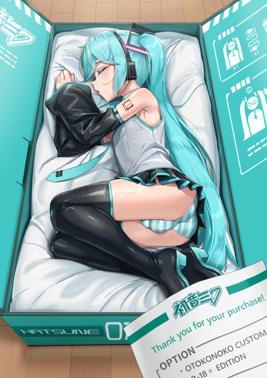 1boy absurdres black_boots black_skirt black_sleeves blue_hair blue_necktie boots box bulge c_take0141 closed_eyes commentary_request detached_sleeves english_text full_body genderswap genderswap_(ftm) grey_shirt hatsune_miku highres in_box in_container instruction_manual long_hair long_sleeves lying male_focus miniskirt necktie number_tattoo on_side open_mouth panties pleated_skirt pov shirt skirt sleeping sleeveless sleeveless_shirt solo striped_clothes striped_panties tattoo thigh_boots trap twintails underwear very_long_hair vocaloid