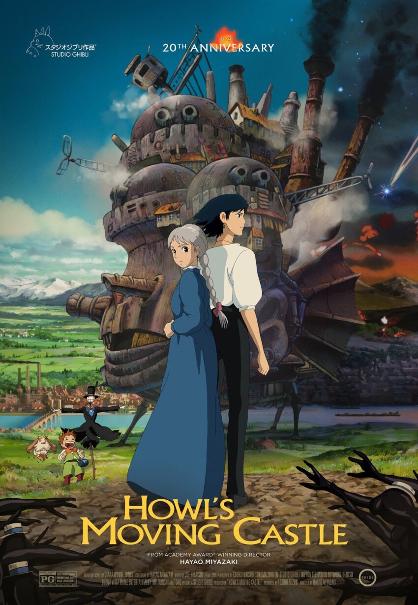 artist_request blue_bow blue_dress bow braid braided_ponytail calcifer child cloud cloudy_sky dog dress grass hat heen highres howl_no_ugoku_shiro howl_pendragon kakashi_no_kabu markl mountain official_art orange_bow sky sophie_hatter_(howl_no_ugoku_shiro) studio_ghibli totoro