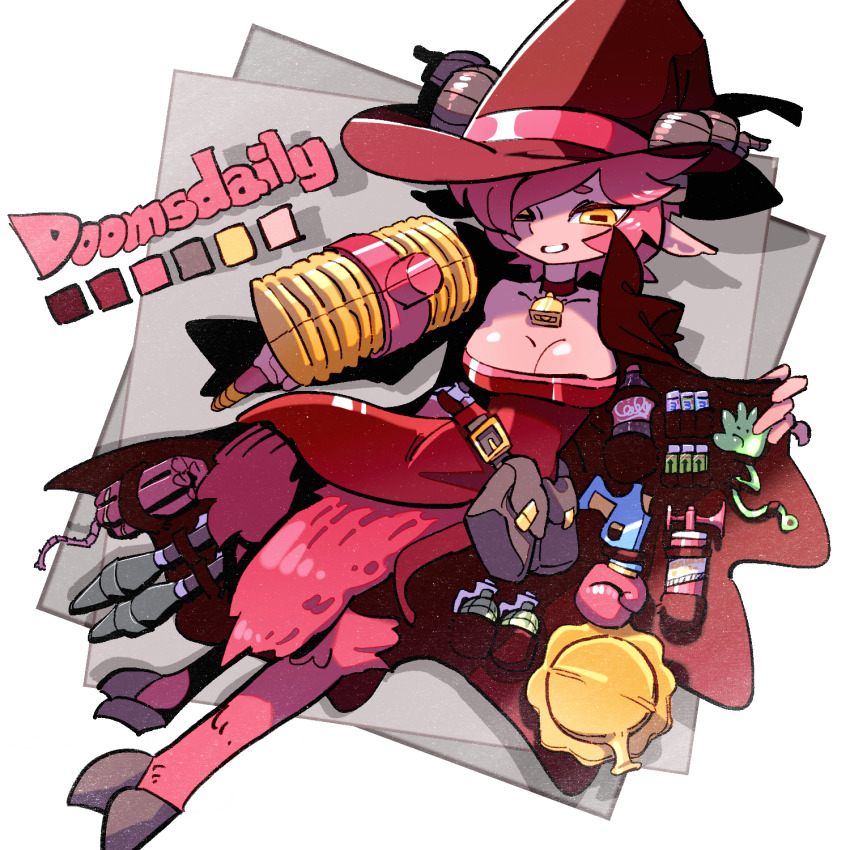 1girl animal_ears bag bell belt boxing_gloves breasts cleavage coat commentary cowbell doomsdaily333 dress dynamite english_commentary english_text explosive goat_girl goat_horns goat_legs grenade hammer hat highres holding holding_hammer hooves horizontal_pupils horns large_breasts looking_at_viewer mentos open_mouth original pink_hair red_dress satyr simple_background soda solo teeth toy_hammer witch witch_hat yellow_eyes