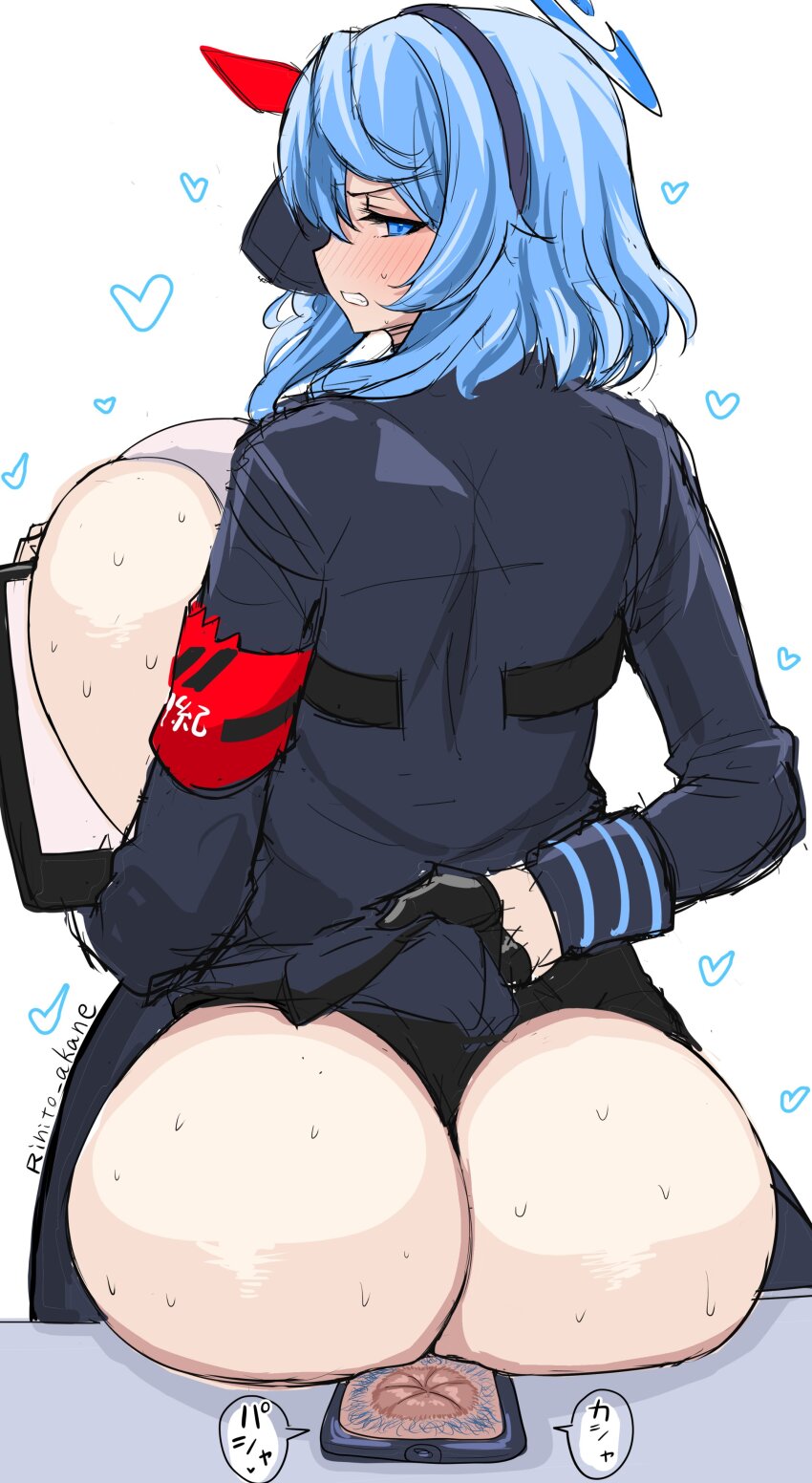 1girl absurdres ako_(blue_archive) annoyed anus anus_peek armband ass blue_archive blue_hair blush bow breasts cellphone cleavage clothes_lift embarrassed hair_bow halo halo_behind_head highres huge_breasts large_breasts looking_at_viewer looking_back phone rihito_akane sideboob sideboob_cutout skirt skirt_lift smartphone solo tablet_pc