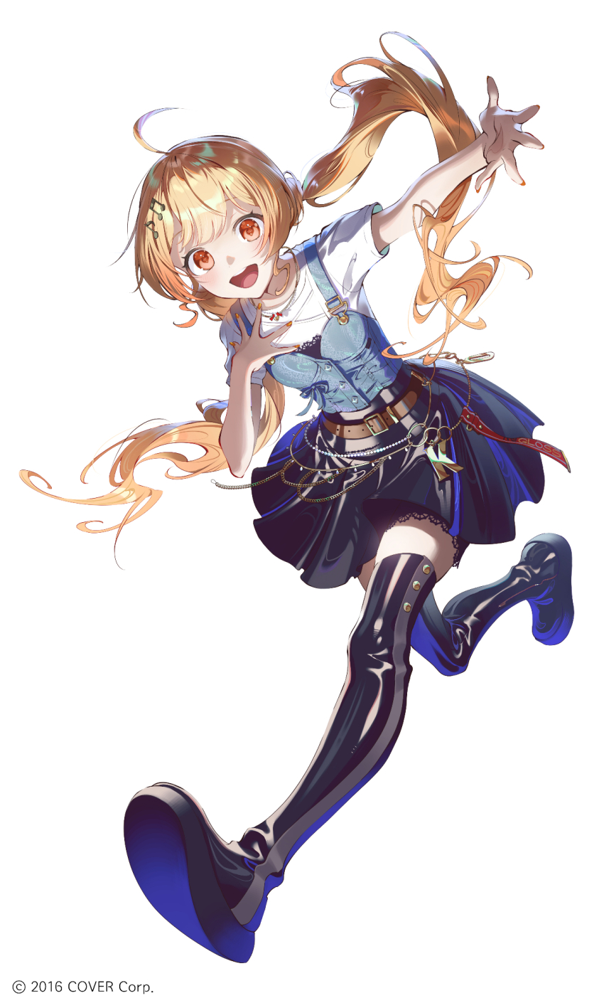 1girl :d ahoge beamed_eighth_notes belt black_boots black_dress black_skirt blonde_hair boots brown_belt brown_eyes commentary_request copyright_name copyright_notice denim dress eighth_note fajyobore fortissimo full_body hair_ornament hairclip hand_on_own_chest hand_up highres hololive hololive_dev_is long_hair looking_at_viewer miniskirt musical_note musical_note_hair_ornament official_alternate_costume official_alternate_hairstyle official_art open_mouth otonose_kanade outstretched_arm shirt short_dress short_sleeves simple_background skirt smile solo t-shirt teeth thigh_boots thigh_bow twintails upper_teeth_only virtual_youtuber white_background white_shirt