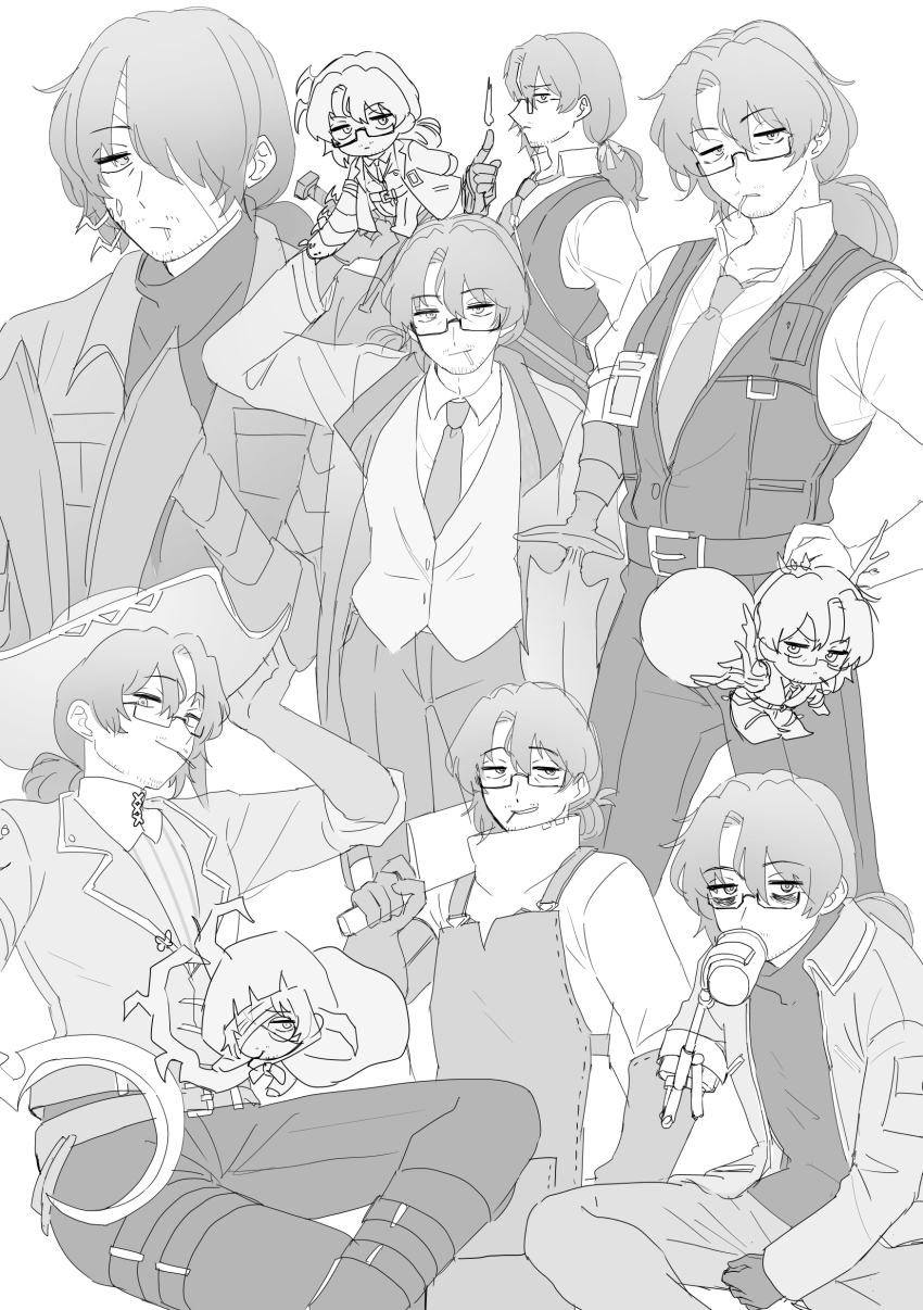 1boy aedd_(e.g.o) alternate_costume amputee apple apron arthropod_limbs bags_under_eyes bandage_on_face bandage_over_one_eye bandaged_head bandages beard_stubble belt belt_buckle boot_straps boots branch breast_pocket brown_hair buckle bug bug_arm chibi chibi_inset cigarette cleaver cloak closed_mouth coat collarbone collared_jacket collared_shirt contrast_collar cowboy_shot crossed_legs cup dress_shirt drinking e.g.o_(project_moon) expressionless eyepatch eyes_visible_through_hair facial_hair faelantern_(project_moon) fairy feet_out_of_frame finger-tip_fire fire food formal_clothes from_front from_side fruit full_body g_corp._(identity)_(project_moon) glasses gloves golden_apple_(project_moon) gregor_(project_moon) greyscale hair_between_eyes hair_intakes hair_over_one_eye hair_ribbon half-closed_eyes hand_on_own_hat hand_on_own_hip hand_up hat highres holding holding_cleaver holding_cup holding_weapon hood hooded_cloak hook hook_hand horns id_card jacket jitome joints kikkoinu knee_boots knee_up lantern_(e.g.o) lapels legerdemain_(e.g.o) lighter_finger limbus_company liu_association_south_uniform long_hair long_sleeves looking_at_viewer looking_to_the_side low_ponytail male_focus mask mechanical_arms military military_uniform monochrome mouth_hold mouth_mask multiple_belts multiple_persona multiple_views necktie notched_lapels official_alternate_costume one_eye_covered open_clothes open_mouth over_shoulder pants parted_bangs parted_lips photoshop_(medium) pirate_hat plant_roots pocket ponytail project_moon prosthesis prosthetic_arm r.b._(identity)_(project_moon) rectangular_eyewear ribbon rosespanner_workshop_(identity)_(project_moon) sanpaku semi-rimless_eyewear shirt shock_centipede_(project_moon) sideways_glance simple_background single_glove single_mechanical_arm sitting sketch smile smirk smoke smoking smug solo standing strap stubble suit suit_jacket sweater thigh_strap tree tree_horns tunic turtleneck turtleneck_shirt turtleneck_sweater twinhook_pirates_(identity)_(project_moon) under-rim_eyewear undershirt upper_body variant_set vest weapon weapon_over_shoulder white_background wing_collar wooden_arm zwei_association_south_uniform