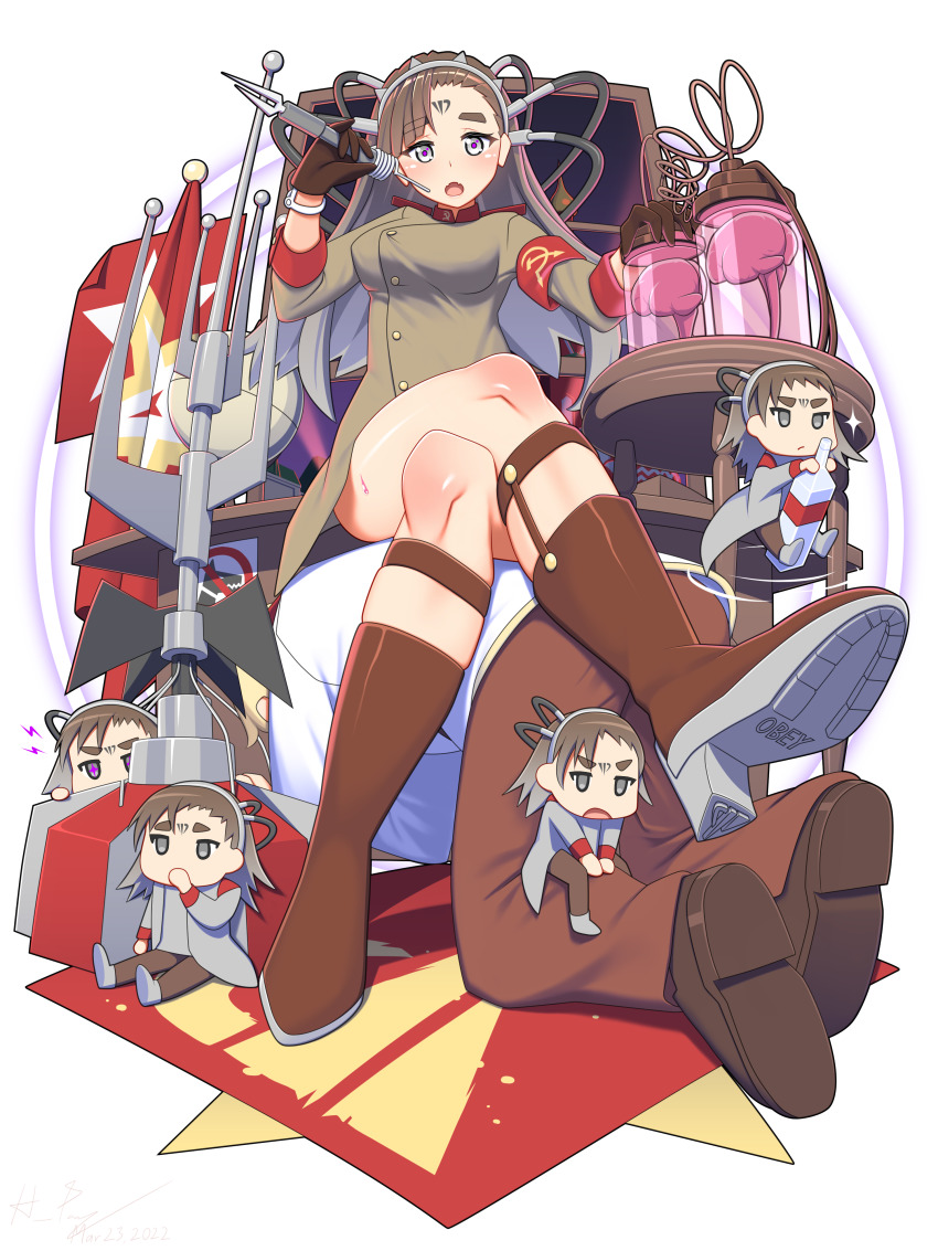 1boy 5girls absurdres alexander_romanov armband blouse bottle brain brown_hair chibi command_&amp;_conquer command_&amp;_conquer:_red_alert command_&amp;_conquer:_red_alert_2 fangs forehead_tattoo full_body genderswap genderswap_(mtf) gloves gradient_hair grey_eyes grey_hair hadaparuka hammer_and_sickle high_heels highres holding jar long_hair military military_uniform multicolored_eyes multicolored_hair multiple_girls open_mouth psychic_beacon_(command_&amp;_conquer:red_alert_2) purple_eyes shirt sitting sitting_on_person skin_fangs skirt soviet soviet_flag tattoo white_shirt yuri_(c&amp;c)