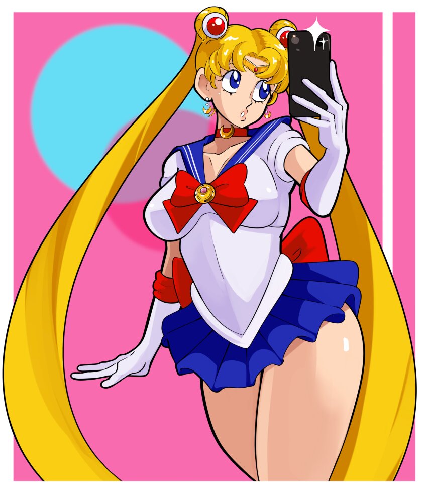 1girl absurdres back_bow bishoujo_senshi_sailor_moon blonde_hair blue_eyes blue_sailor_collar bow cellphone choker circlet crescent crescent_choker crescent_earrings double_bun earrings elbow_gloves gloves hair_bun hair_ornament heart highres holding holding_phone jewelry long_hair miniskirt parted_bangs pepperoniraviol phone red_bow red_choker sailor_collar sailor_moon sailor_senshi_uniform selfie skirt smartphone solo taking_picture thick_thighs thighs transformation_brooch_(sailor_moon) tsukino_usagi twintails white_gloves